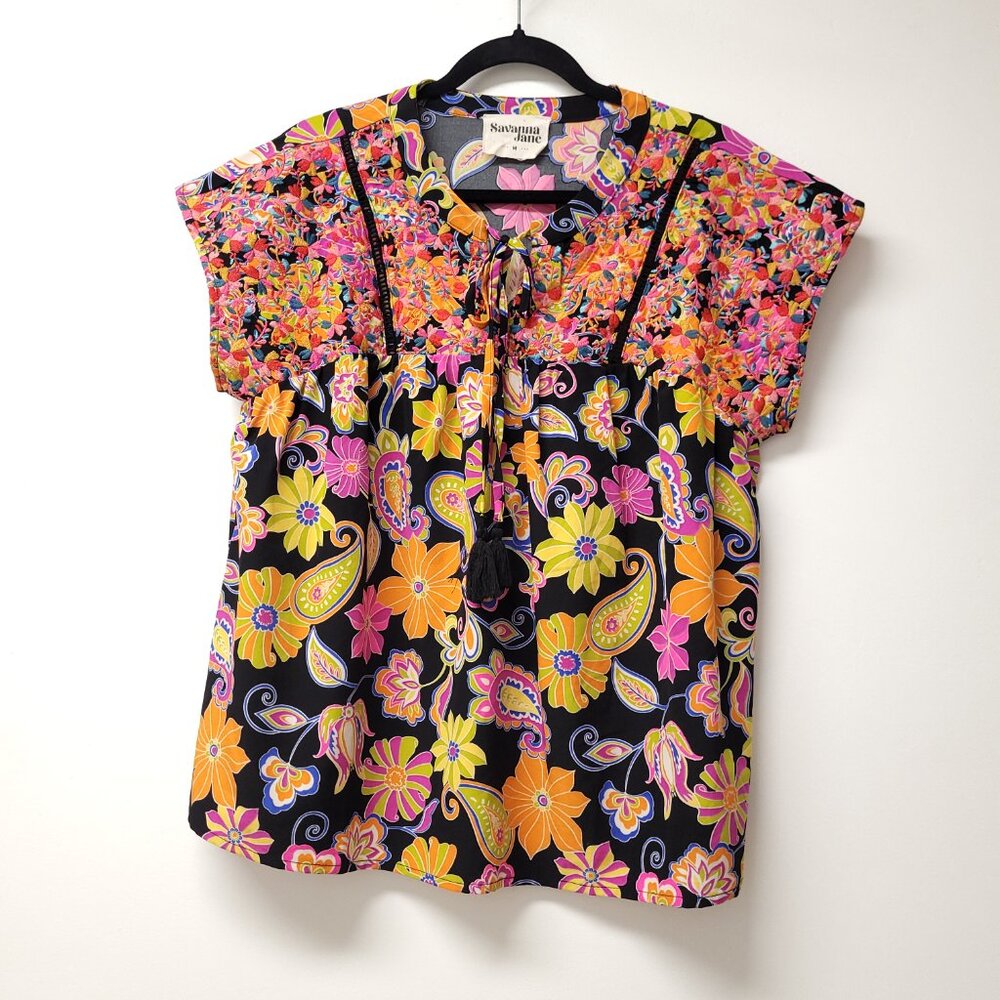 Savanna Jane Short Sleeve V Neck Embroidered Floral Print Top Multicolor